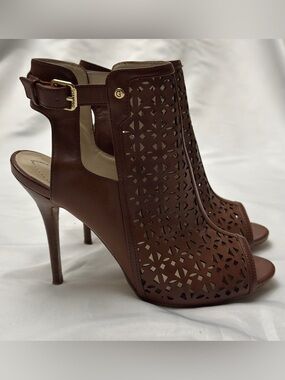 GUESS Women's Brown Laser-Cut Peep Toe High Heel Sandals